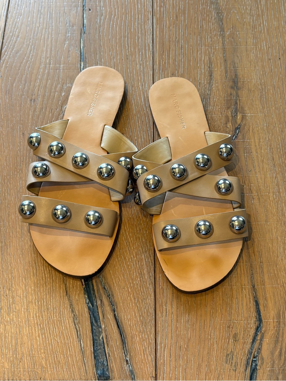 Marc Fisher Metallic Champagne Stud Slide Sandals - Picture 2 of 3